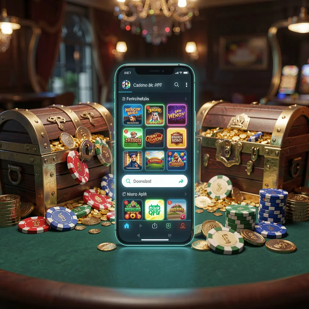 Glowing smartphone displaying MM98 Casino APK with Android-style mobile app layout, surrounded by treasure chest, chips, and coins in a luxury 3D render
