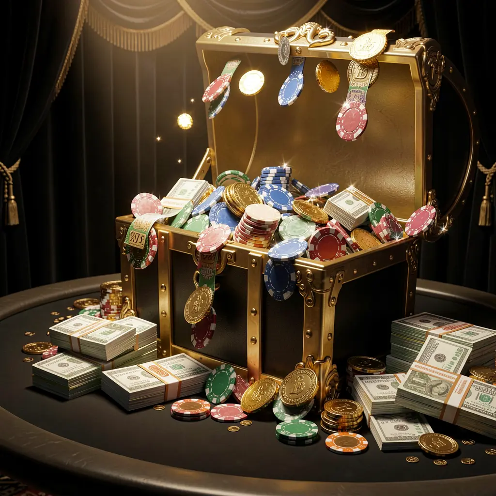 MM98 casino rewards scene featuring a golden treasure chest overflowing with chips, cash bundles, and sparkling coins in an elegant black and gold style with dramatic lighting