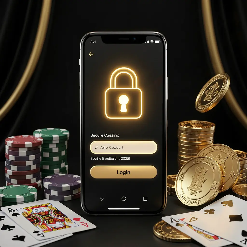 MM98 secure casino account login concept with glowing lock icon on smartphone screen, poker chips, playing cards, and golden coins on elegant black and gold background