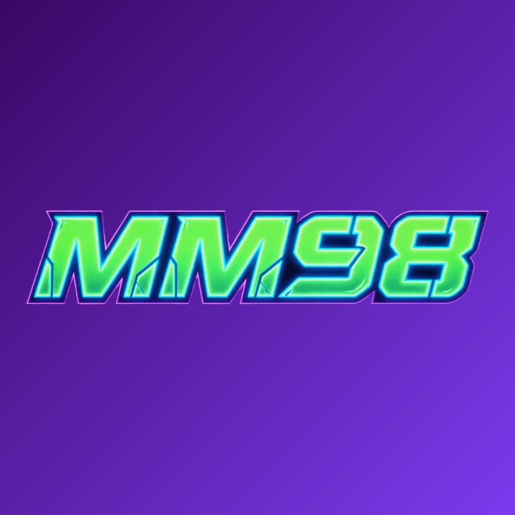 Futuristic neon MM98 logo with thick angular typography in vivid green, blue, and purple glow featuring sharp tech-inspired details on a transparent background, designed as a wide horizontal rectangular wordmark for website header