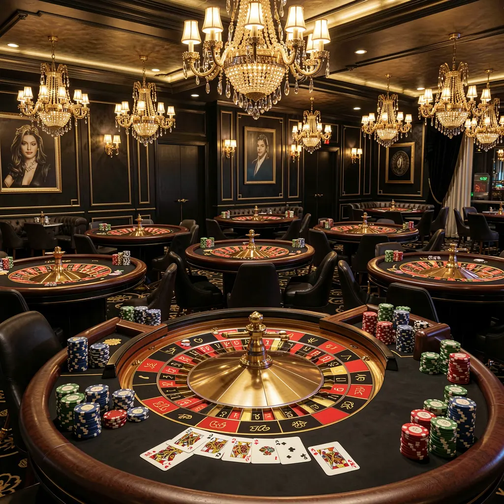 MM98 luxury online casino lobby with glowing roulette tables, golden lights, poker chips, and cards in a premium black and gold design
